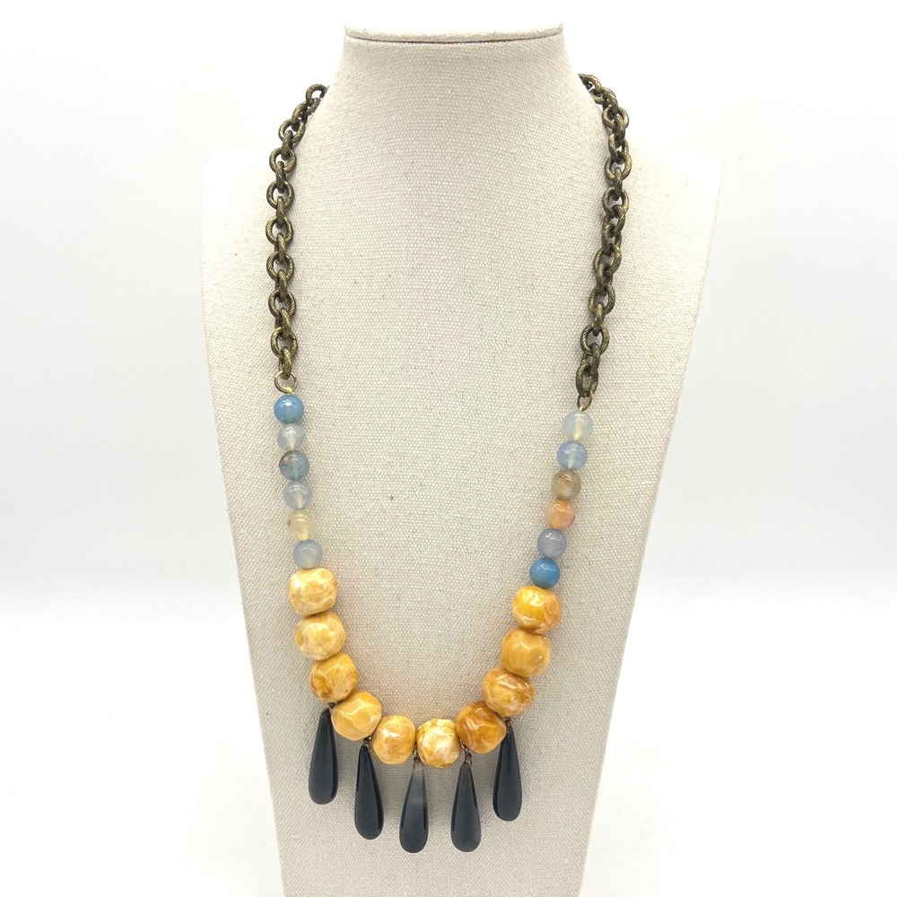 Bronze Tone Chunky Bib Necklace Yellow Marbled Beads Black Teardrop Charms